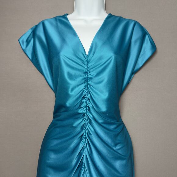 AVON Vintage Teal Turquoise Blue Satin Ruched V-Neck Midi Dress Size 8 - Picture 3 of 5